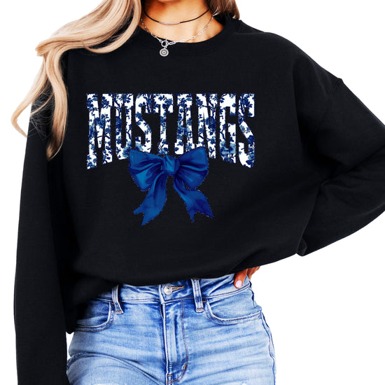 Mustangs navy floral coquette bow crewneck sweatshirt for women, Black, view 2