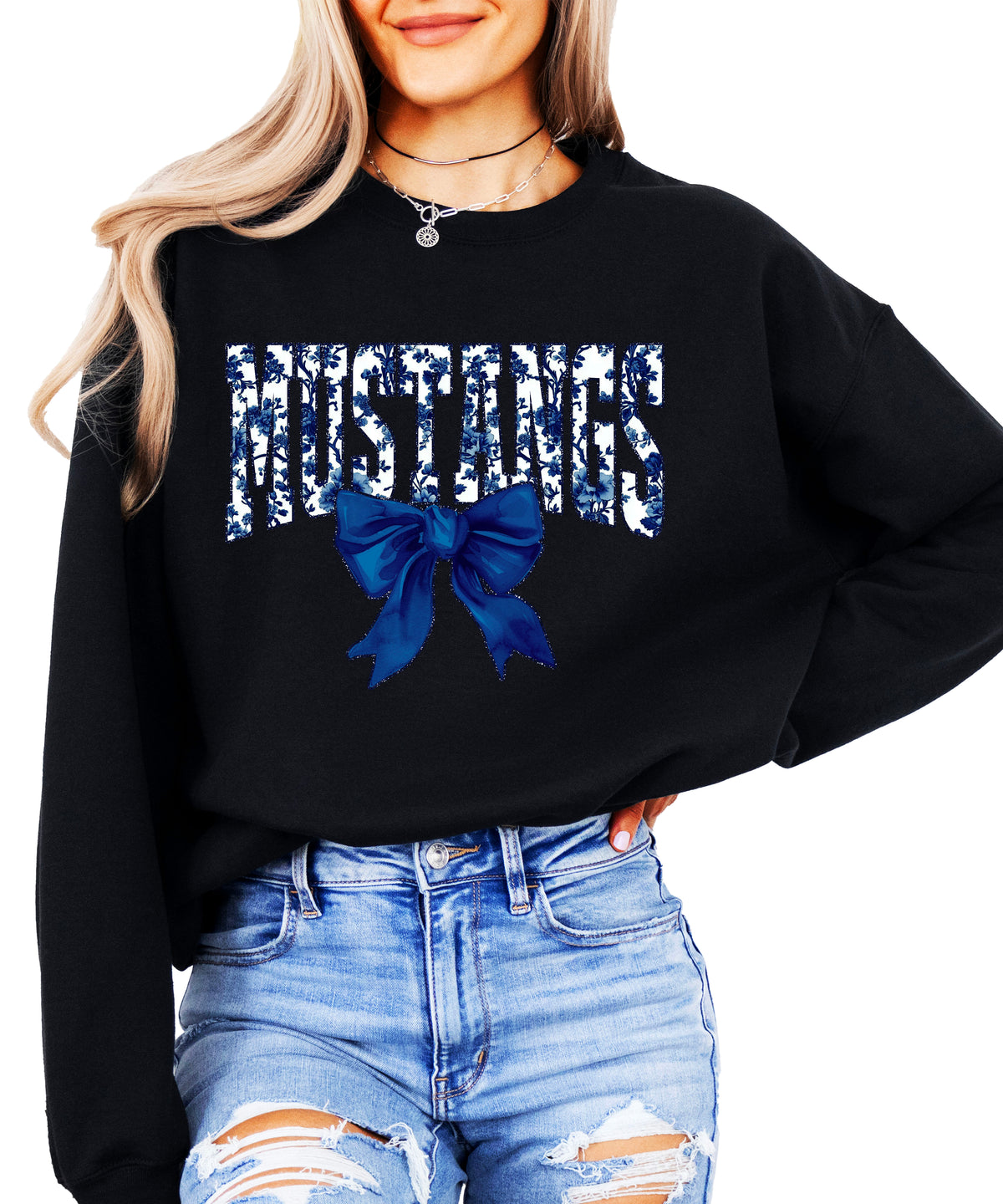 Mustangs navy floral coquette bow crewneck sweatshirt for women, Black, view 2