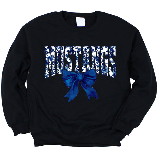 Mustangs navy floral coquette bow crewneck sweatshirt for women, Black, view 3