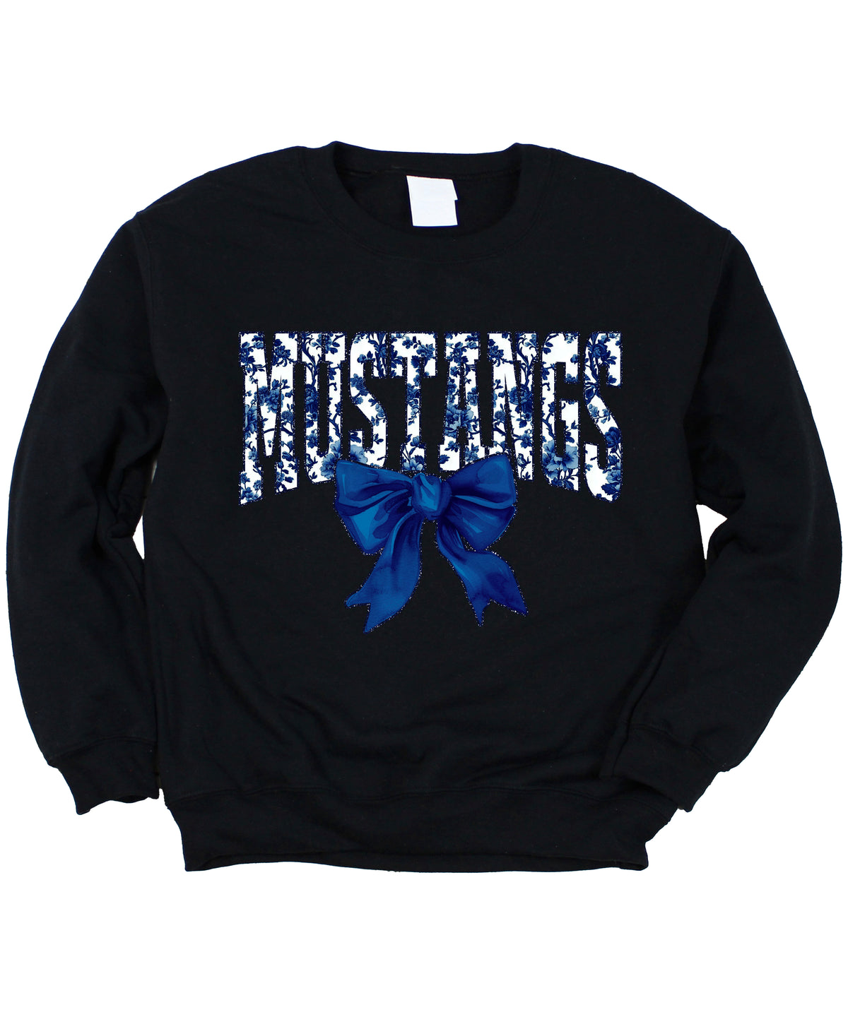 Mustangs navy floral coquette bow crewneck sweatshirt for women, Black, view 3