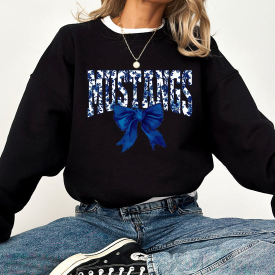 Mustangs navy floral coquette bow crewneck sweatshirt for women, Black, view 4