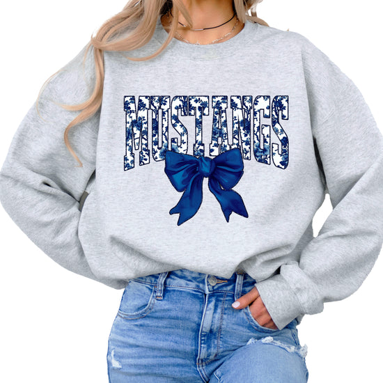 Mustangs navy floral coquette bow crewneck sweatshirt for women, Gray, view 1