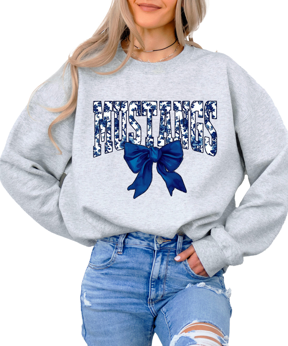 Mustangs navy floral coquette bow crewneck sweatshirt for women, Gray, view 1