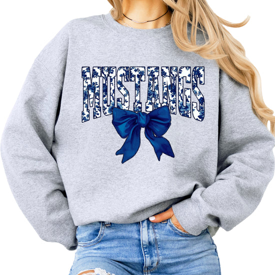 Mustangs navy floral coquette bow crewneck sweatshirt for women, Gray, view 2