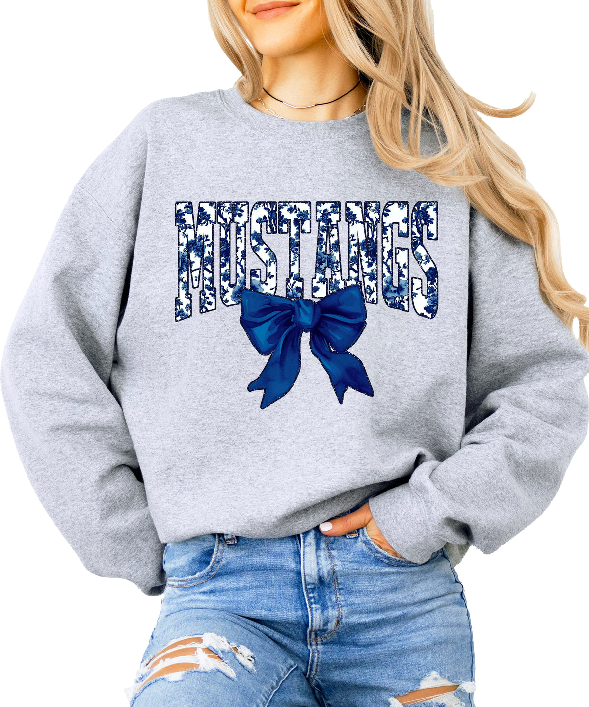 Mustangs navy floral coquette bow crewneck sweatshirt for women, Gray, view 2