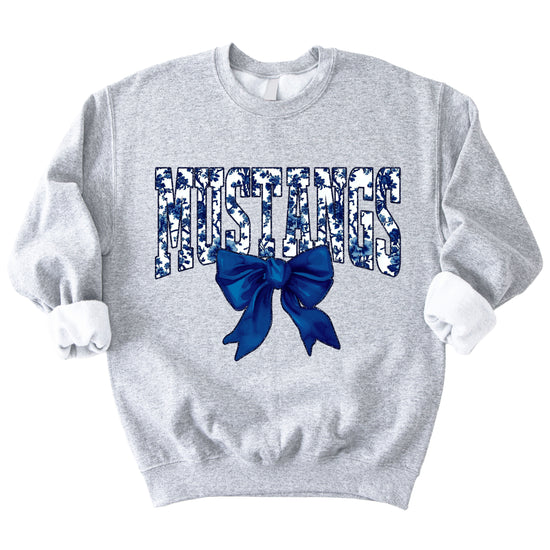 Mustangs navy floral coquette bow crewneck sweatshirt for women, Gray, view 3
