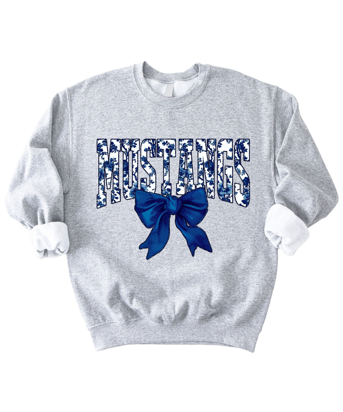 Mustangs navy floral coquette bow crewneck sweatshirt for women, Gray, view 3