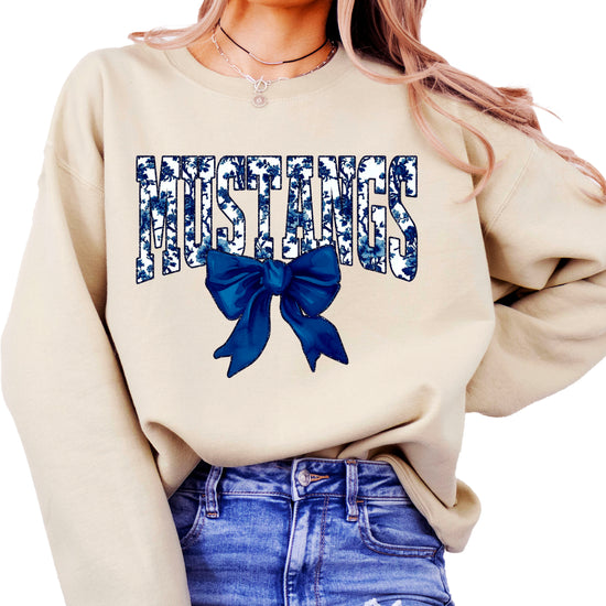 Mustangs navy floral coquette bow crewneck sweatshirt for women, Sand, view 1