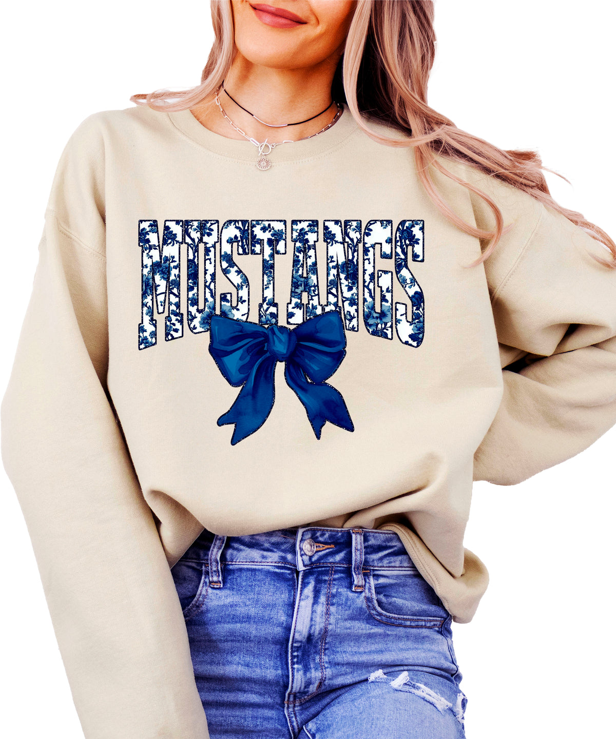 Mustangs navy floral coquette bow crewneck sweatshirt for women, Sand, view 1
