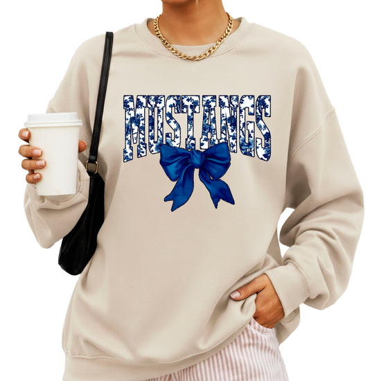 Mustangs navy floral coquette bow crewneck sweatshirt for women, Sand, view 2