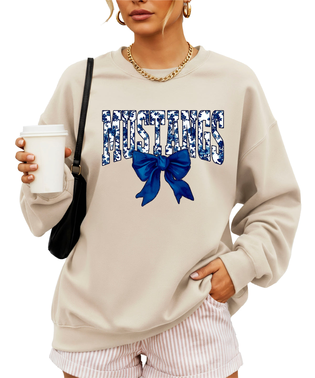 Mustangs navy floral coquette bow crewneck sweatshirt for women, Sand, view 2