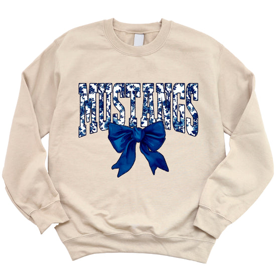 Mustangs navy floral coquette bow crewneck sweatshirt for women, Sand, view 3