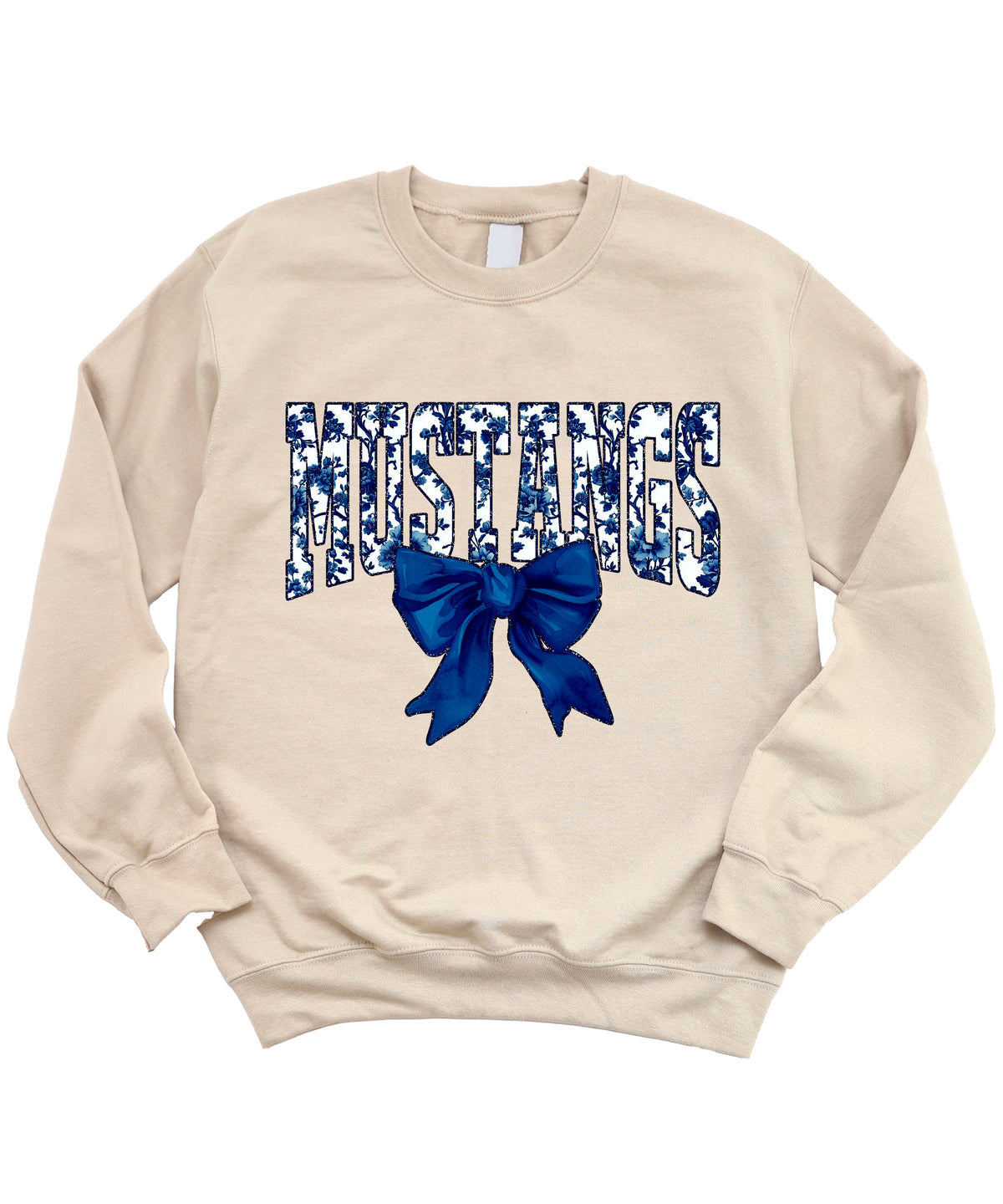 Mustangs navy floral coquette bow crewneck sweatshirt for women, Sand, view 3