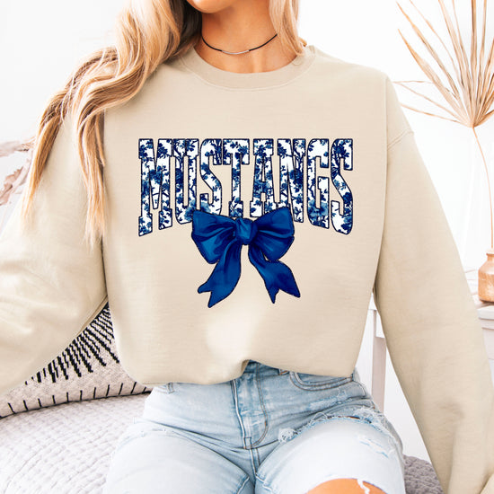 Mustangs navy floral coquette bow crewneck sweatshirt for women, Sand, view 4