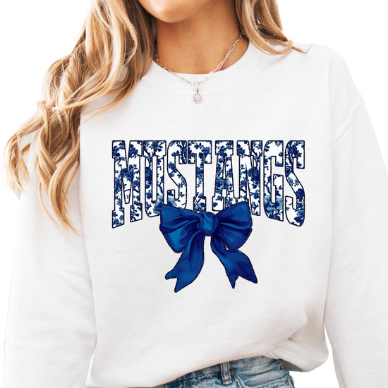 Mustangs navy floral coquette bow crewneck sweatshirt for women, White, view 1