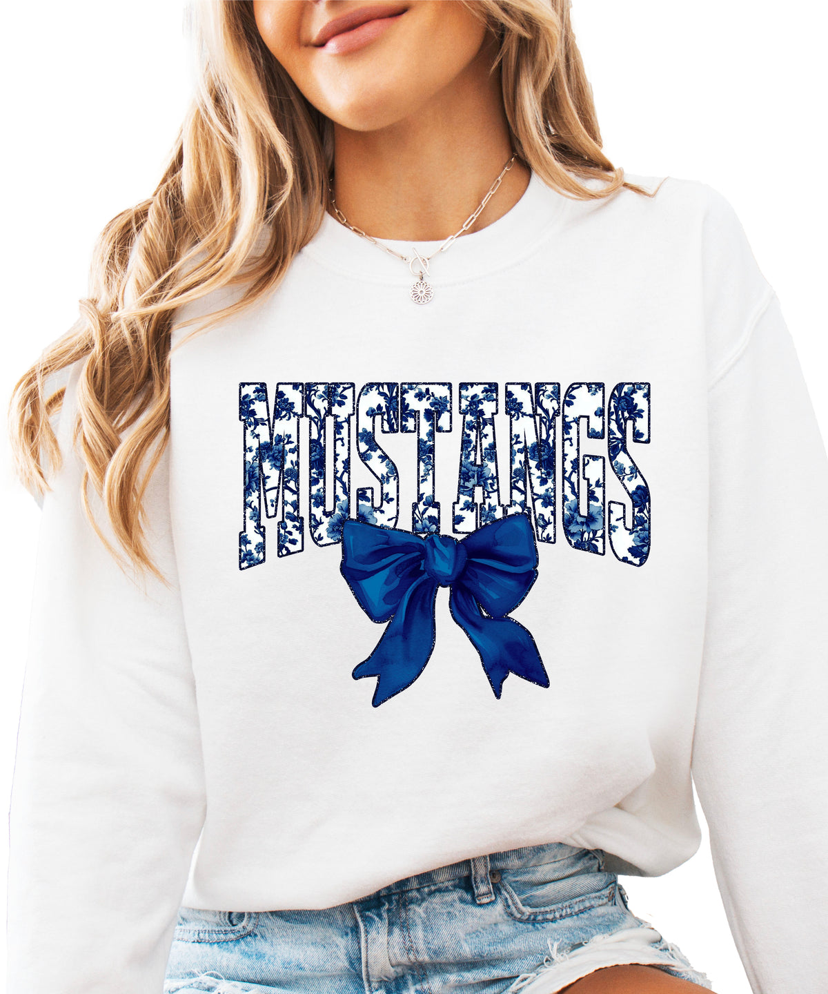 Mustangs navy floral coquette bow crewneck sweatshirt for women, White, view 1