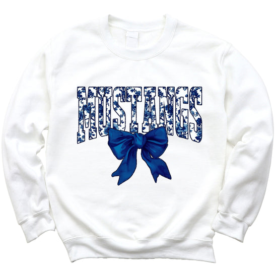 Mustangs navy floral coquette bow crewneck sweatshirt for women, White, view 3
