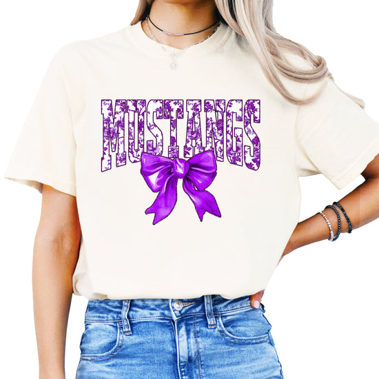 Ivory Mustangs purple floral bow game day tee front view
