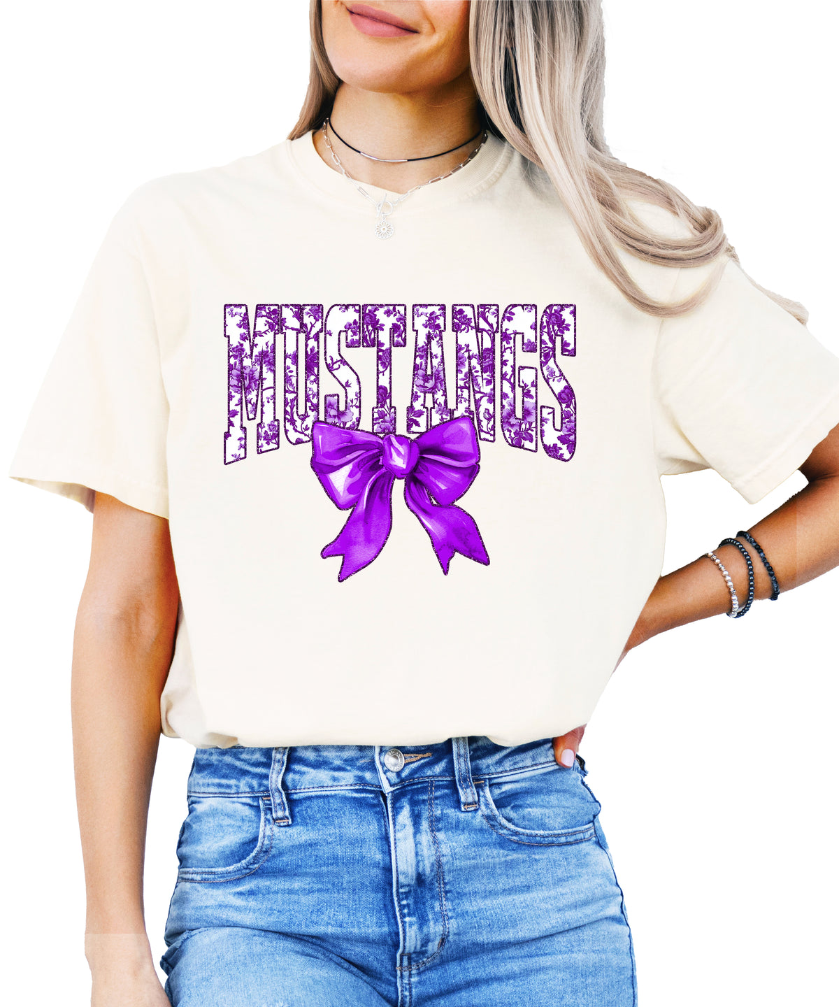 Ivory Mustangs purple floral bow game day tee front view