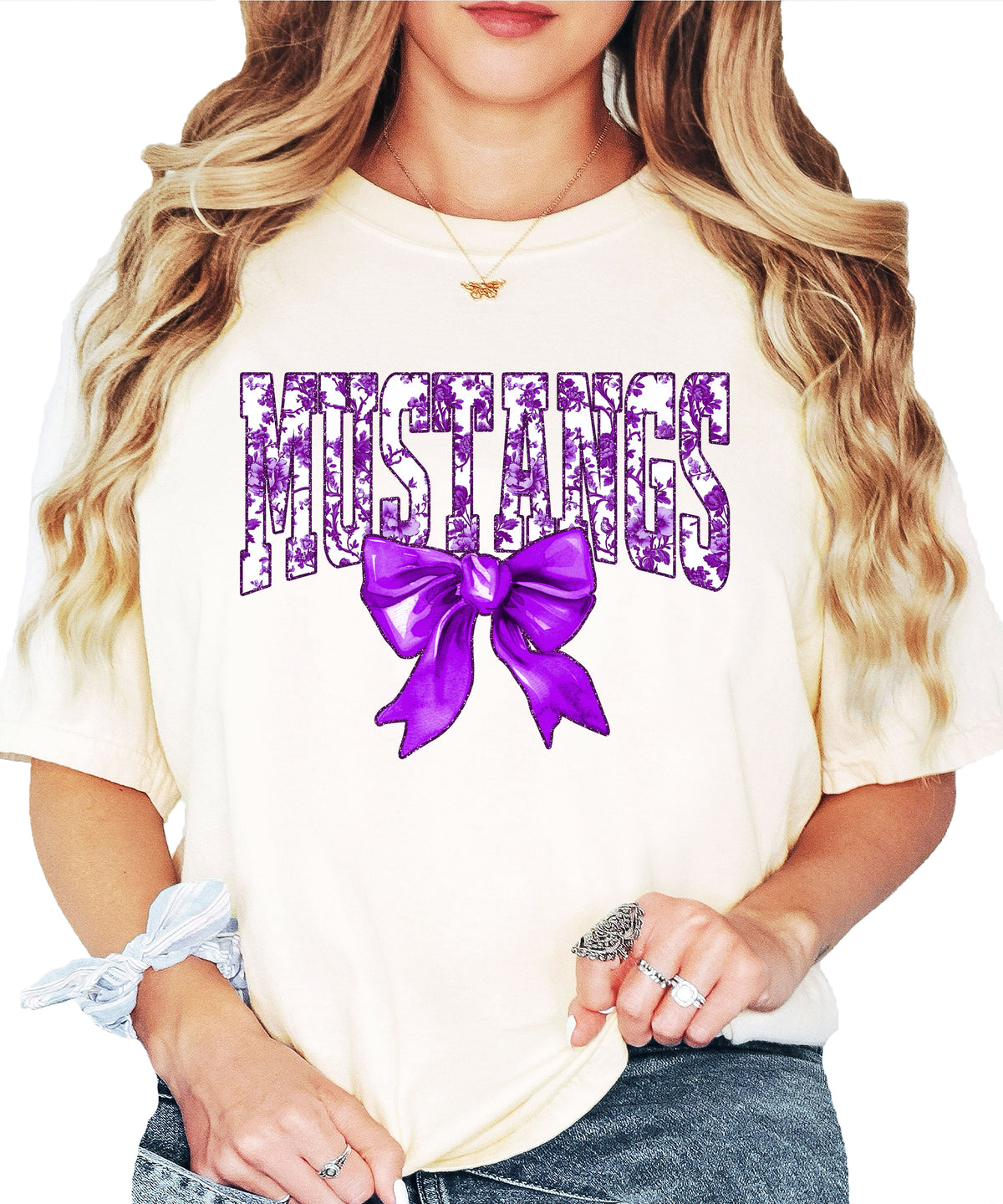 Ivory Mustangs purple floral bow tee second view