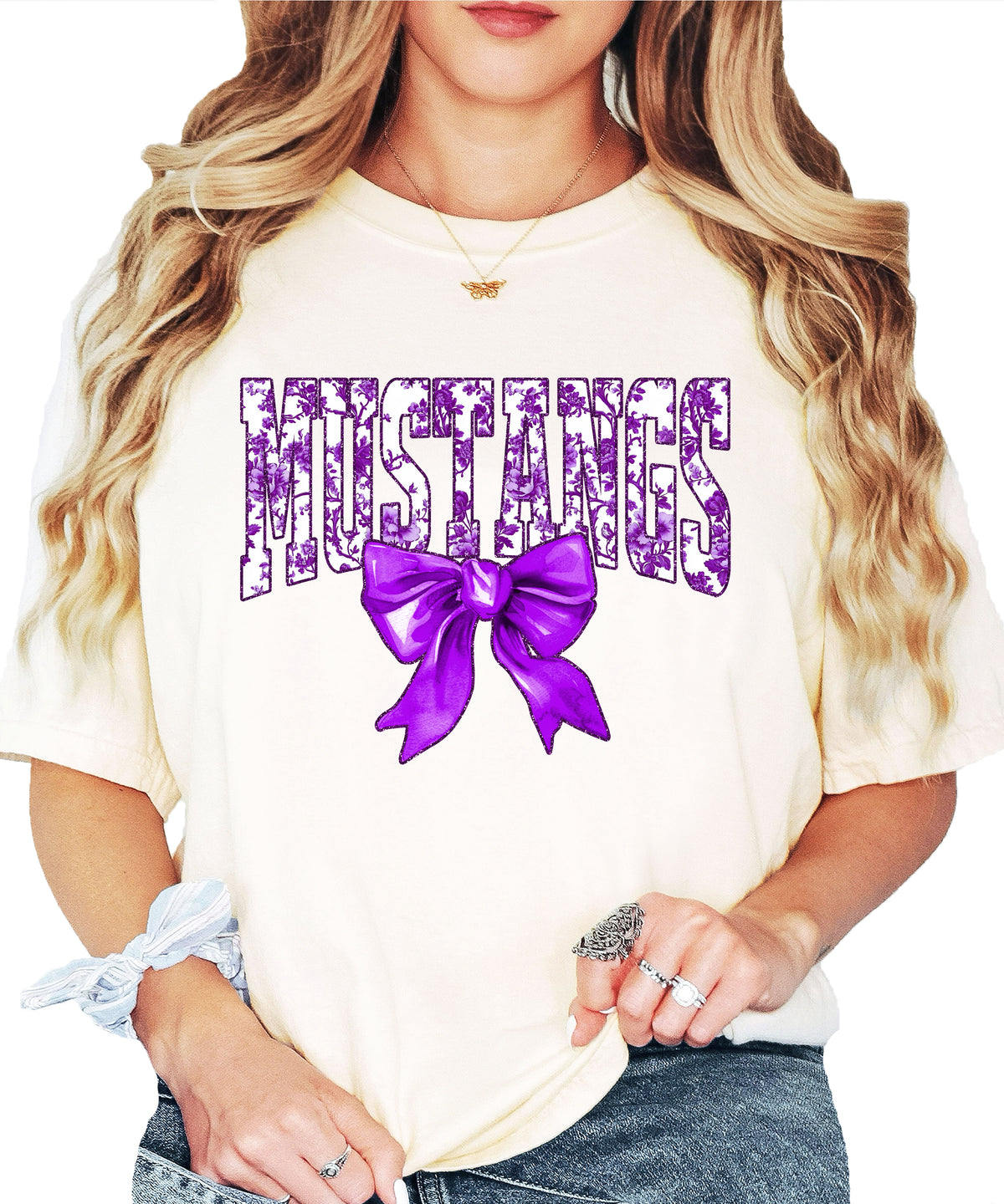 Ivory Mustangs purple floral bow tee third view