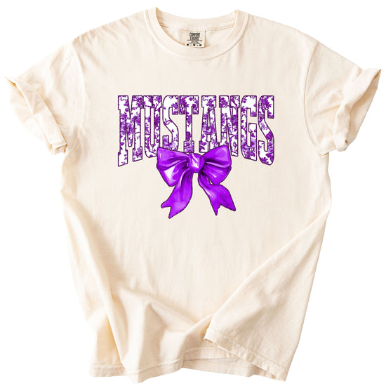 Ivory Mustangs purple floral bow tee design detail