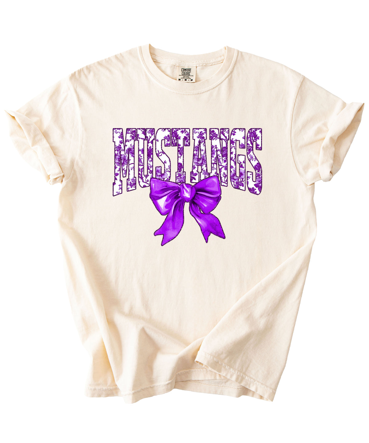 Ivory Mustangs purple floral bow tee design detail