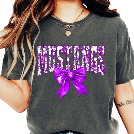 Pepper Mustangs purple floral bow game day tee front view