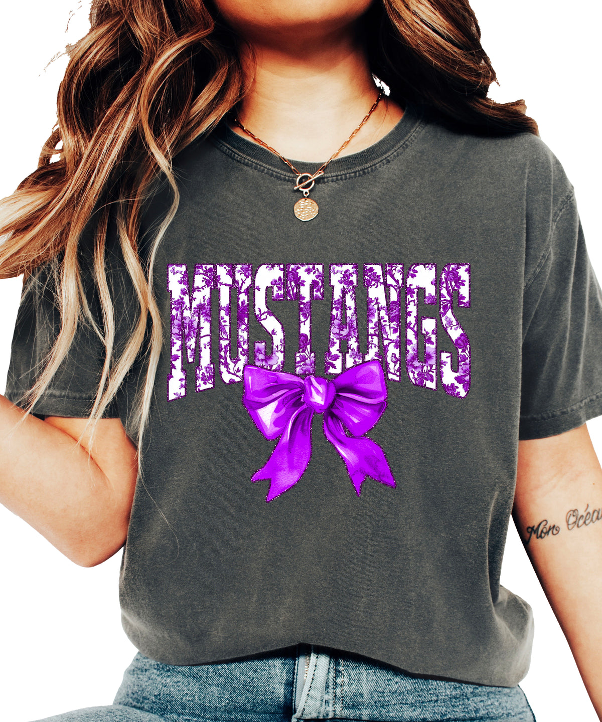 Pepper Mustangs purple floral bow game day tee front view