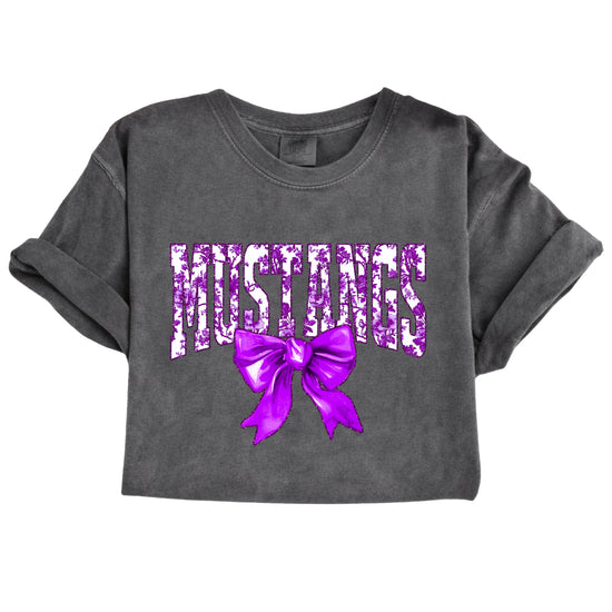 Pepper Mustangs purple floral bow tee design detail