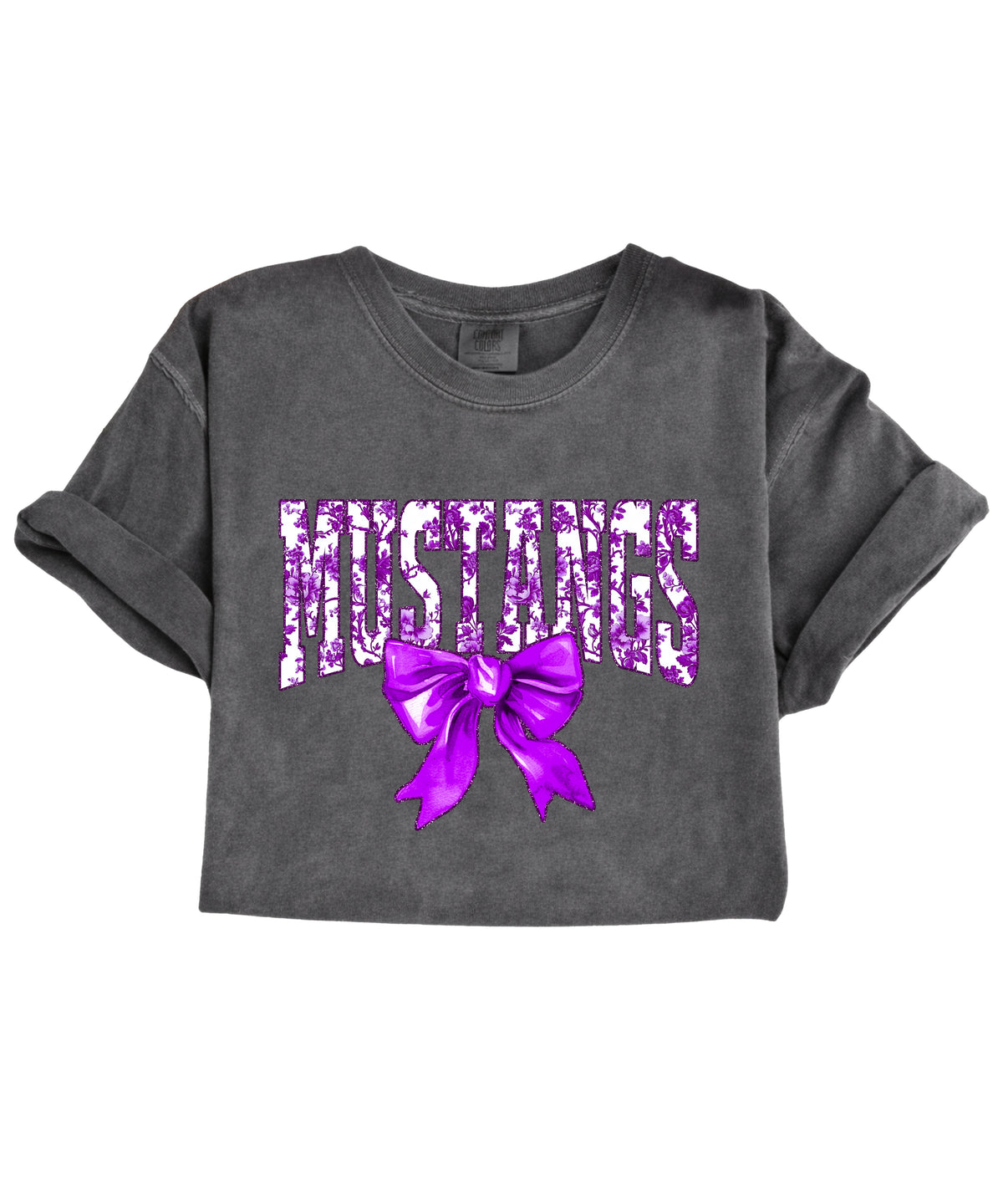 Pepper Mustangs purple floral bow tee design detail