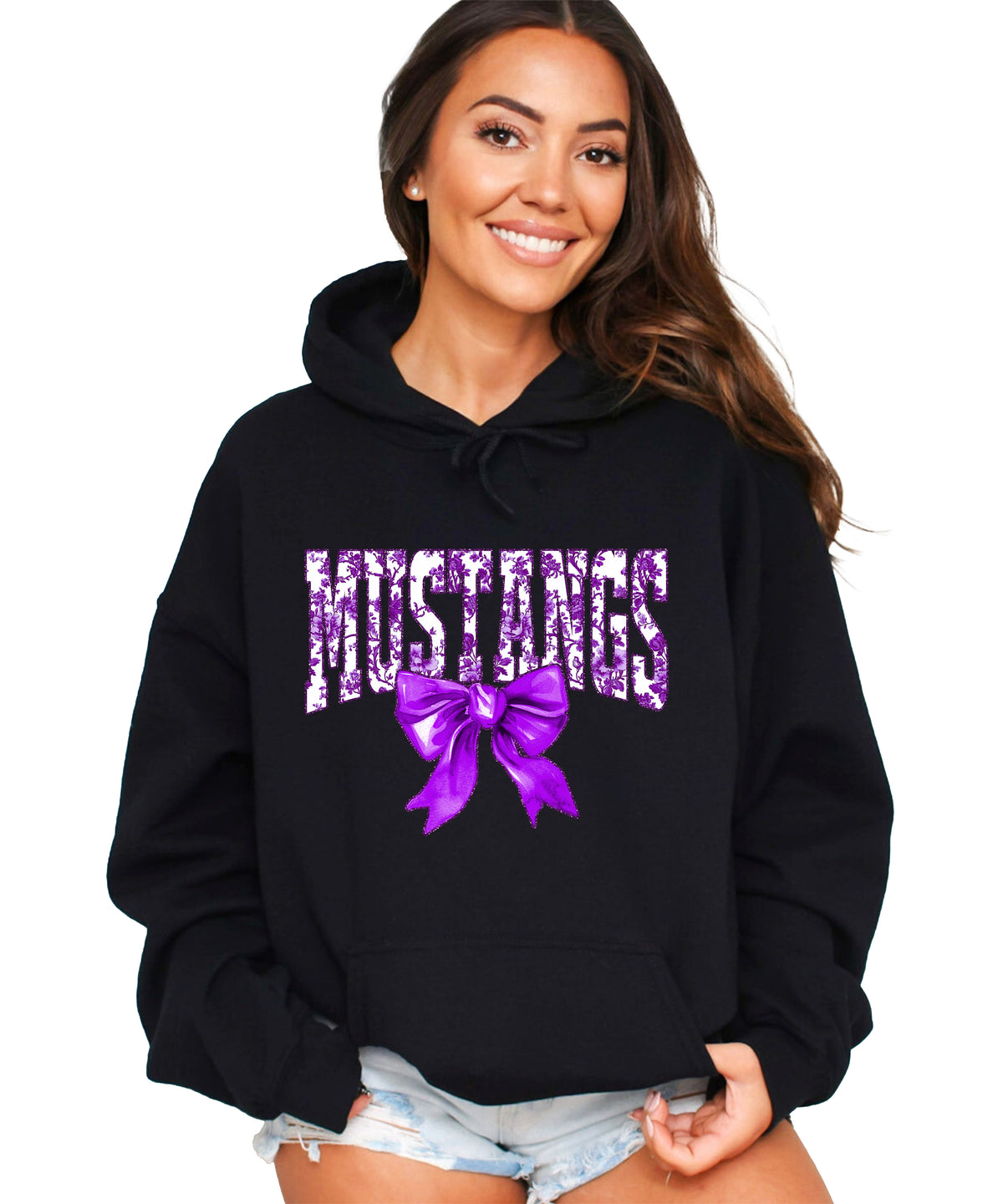 Purple floral Mustangs coquette bow hoodie for women and teen girls in Black, photo 1
