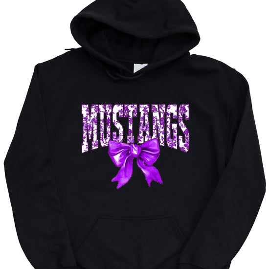 Purple floral Mustangs coquette bow hoodie for women and teen girls in Black, photo 2