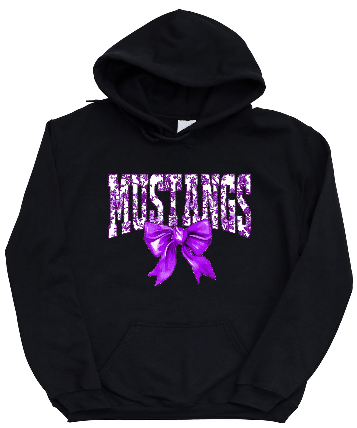 Purple floral Mustangs coquette bow hoodie for women and teen girls in Black, photo 2