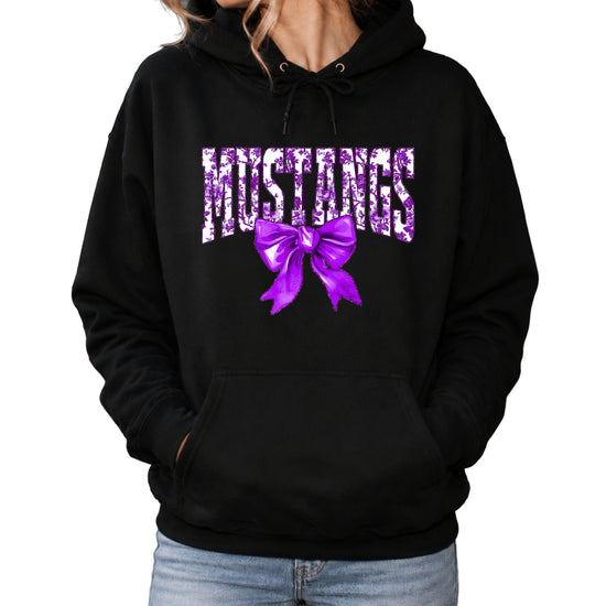 Purple floral Mustangs coquette bow hoodie for women and teen girls in Black, photo 3