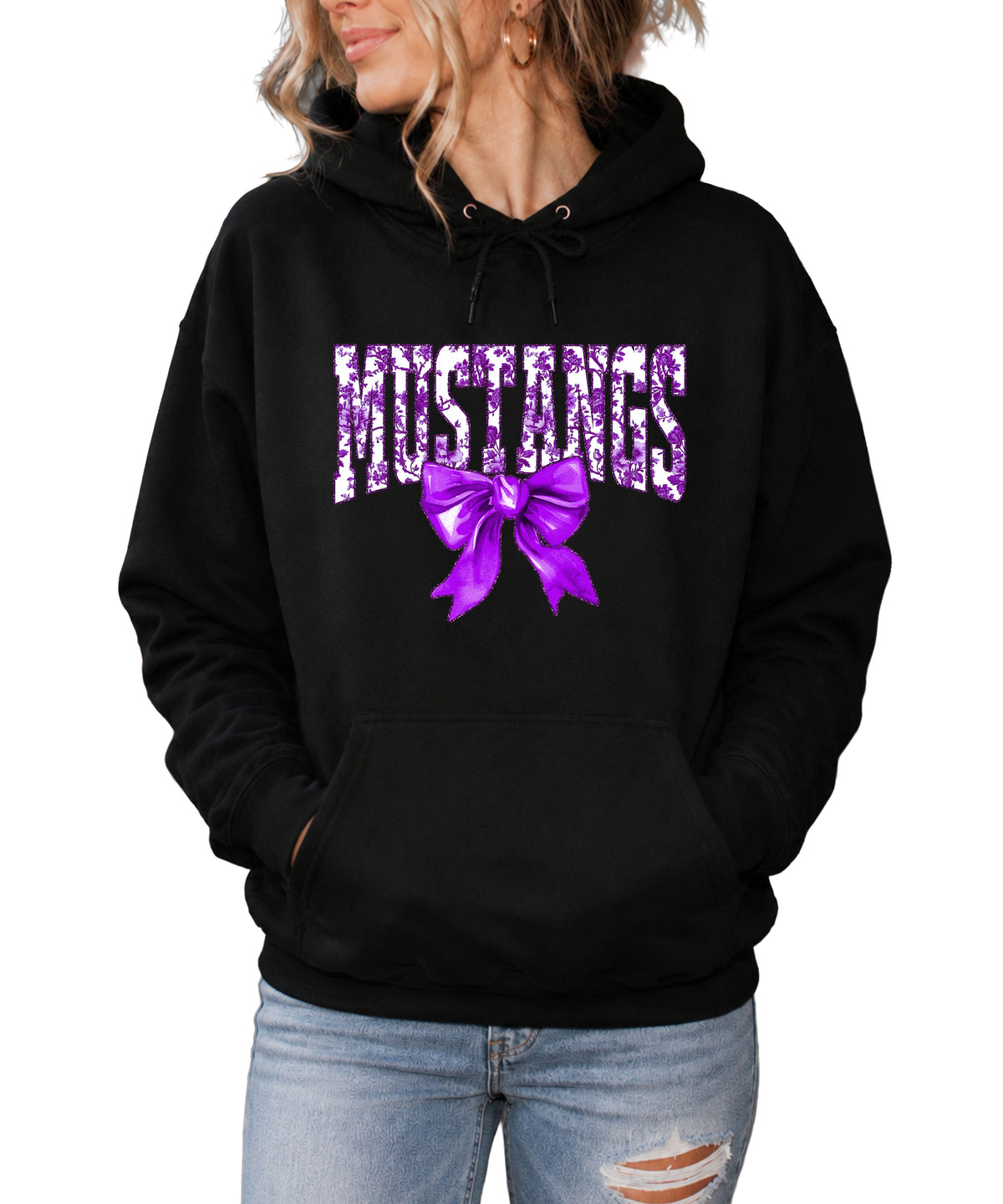 Purple floral Mustangs coquette bow hoodie for women and teen girls in Black, photo 3
