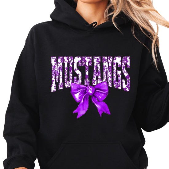 Purple floral Mustangs coquette bow hoodie for women and teen girls in Black, photo 4