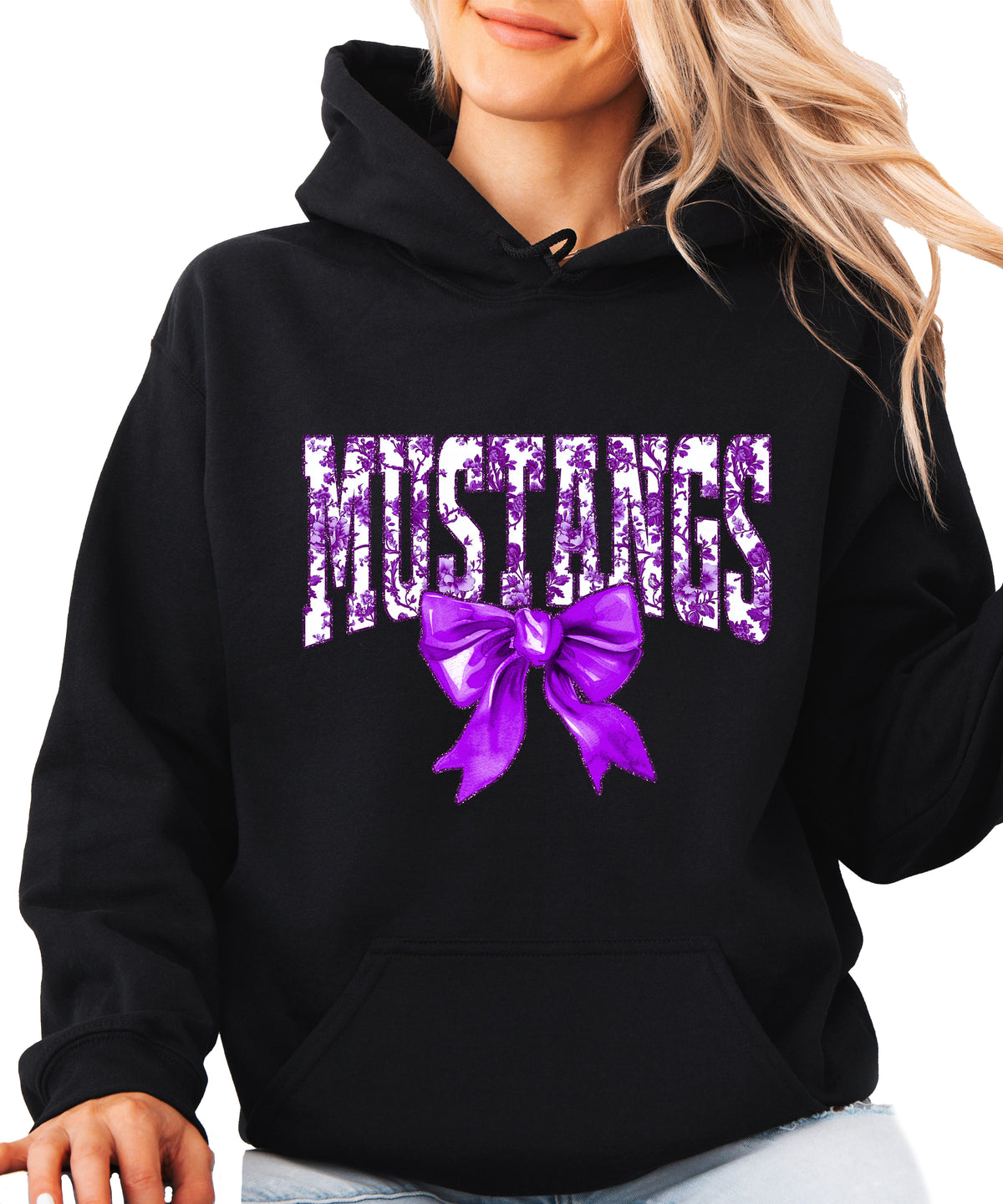 Purple floral Mustangs coquette bow hoodie for women and teen girls in Black, photo 4