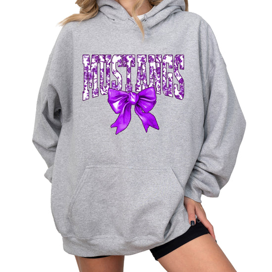 Purple floral Mustangs coquette bow hoodie for women and teen girls in Gray, photo 1