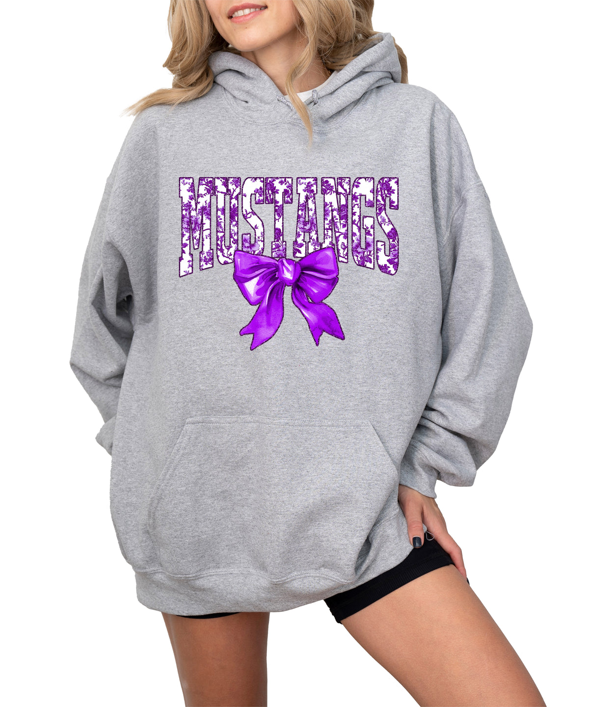 Purple floral Mustangs coquette bow hoodie for women and teen girls in Gray, photo 1