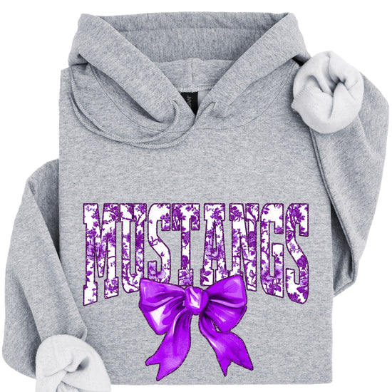 Purple floral Mustangs coquette bow hoodie for women and teen girls in Gray, photo 2