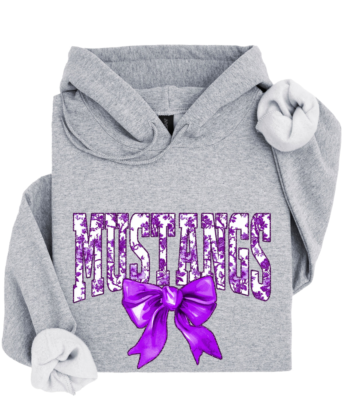Purple floral Mustangs coquette bow hoodie for women and teen girls in Gray, photo 2