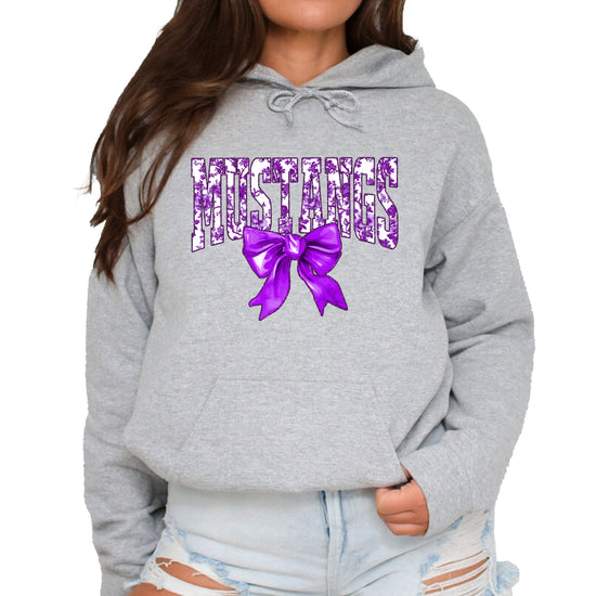 Purple floral Mustangs coquette bow hoodie for women and teen girls in Gray, photo 3