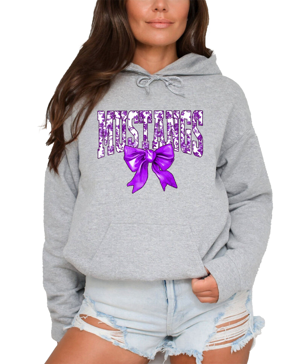 Purple floral Mustangs coquette bow hoodie for women and teen girls in Gray, photo 3