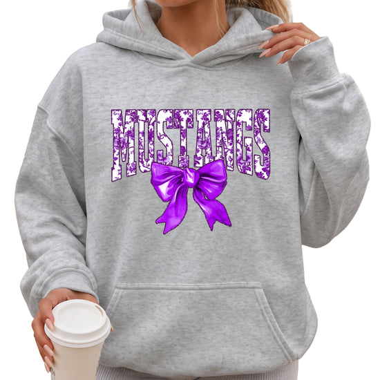 Purple floral Mustangs coquette bow hoodie for women and teen girls in Gray, photo 4