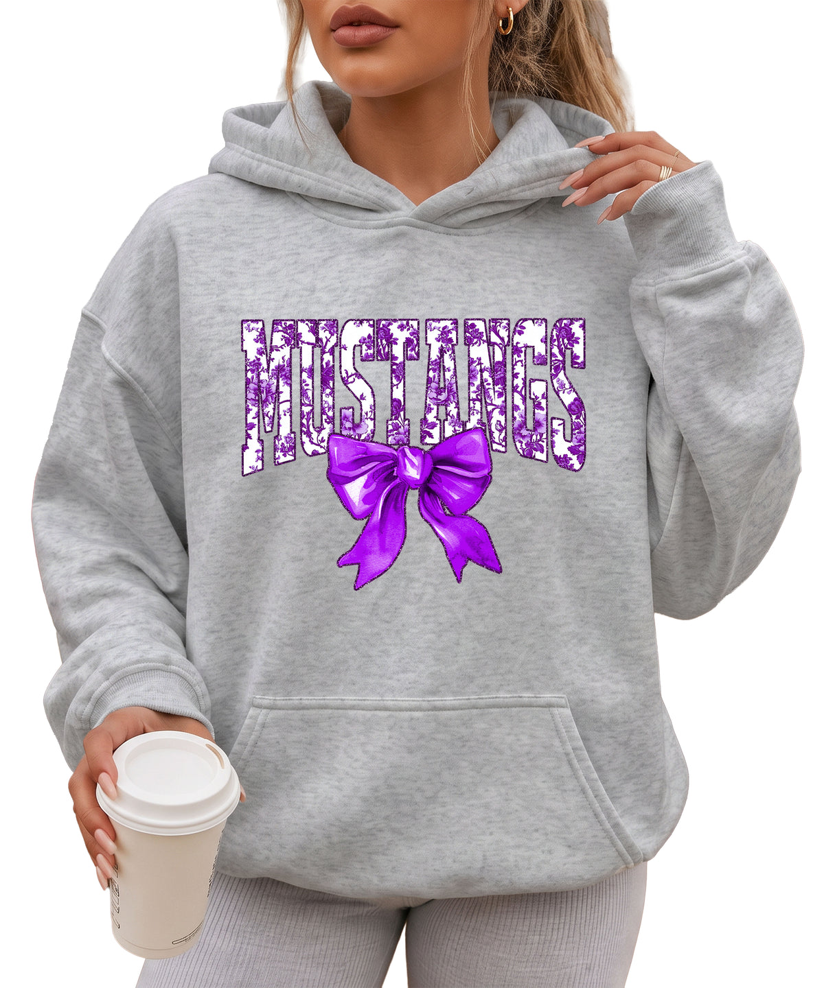 Purple floral Mustangs coquette bow hoodie for women and teen girls in Gray, photo 4