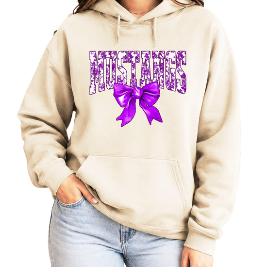 Purple floral Mustangs coquette bow hoodie for women and teen girls in Sand, photo 1