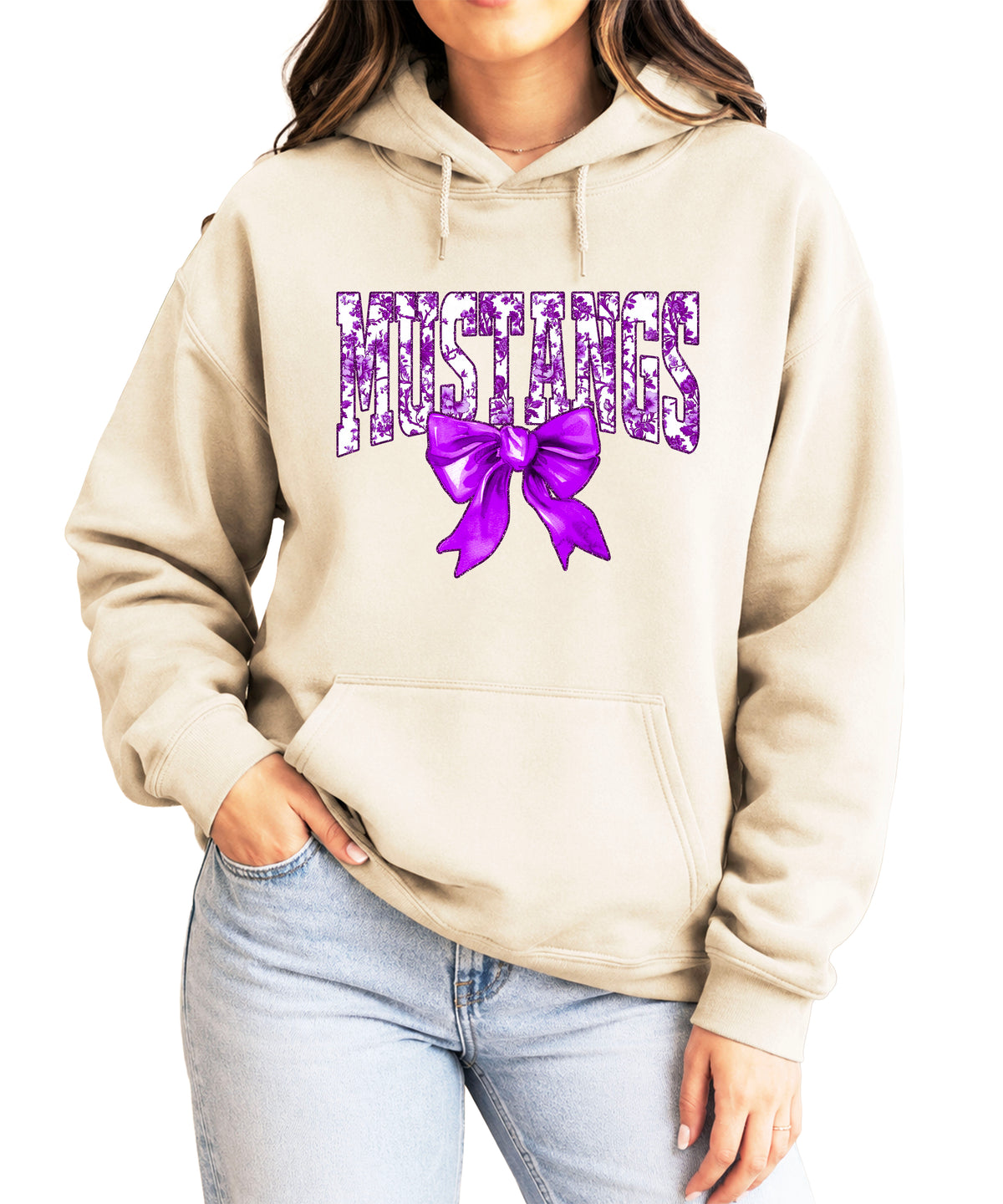 Purple floral Mustangs coquette bow hoodie for women and teen girls in Sand, photo 1