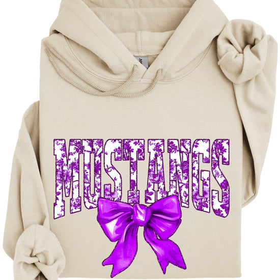Purple floral Mustangs coquette bow hoodie for women and teen girls in Sand, photo 2