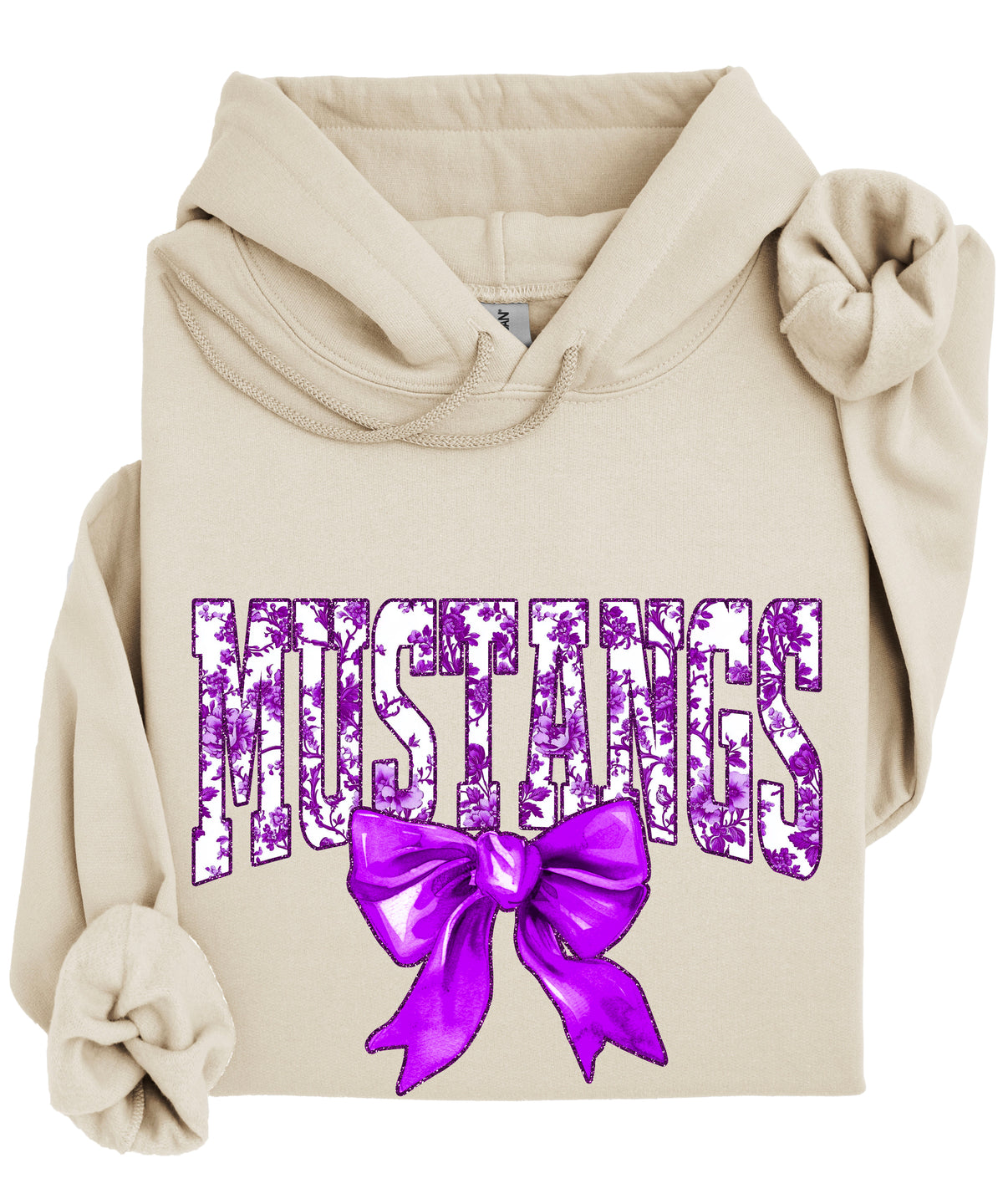 Purple floral Mustangs coquette bow hoodie for women and teen girls in Sand, photo 2